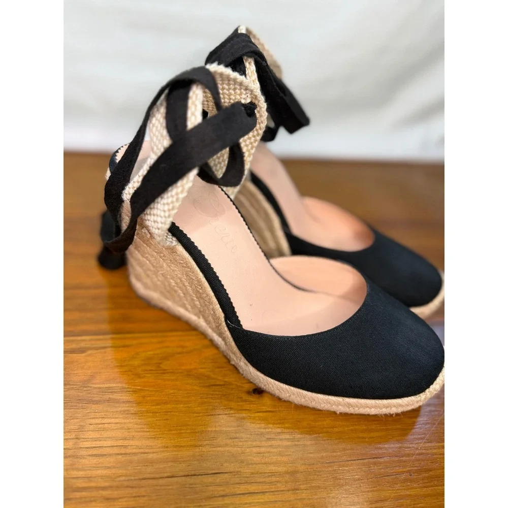 J.Crew Black Canvas Ankle Tie Espadrille Wedge Sandals Womens 9 Closed Toe